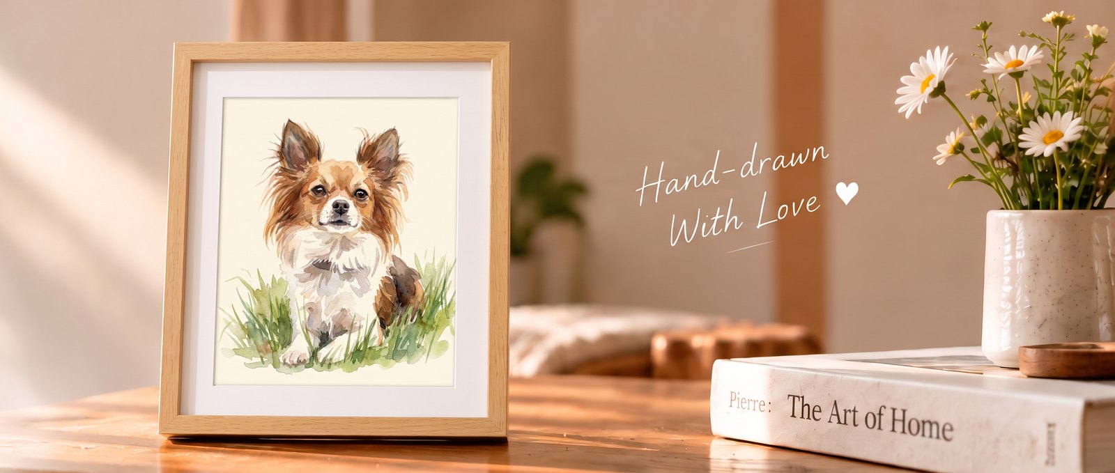 Beech solid-wood frame with a watercolour papillon portrait on a sunlit table