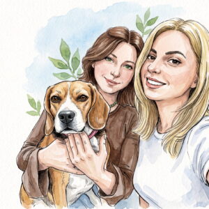 Watercolor portrait of two friends holding a beagle