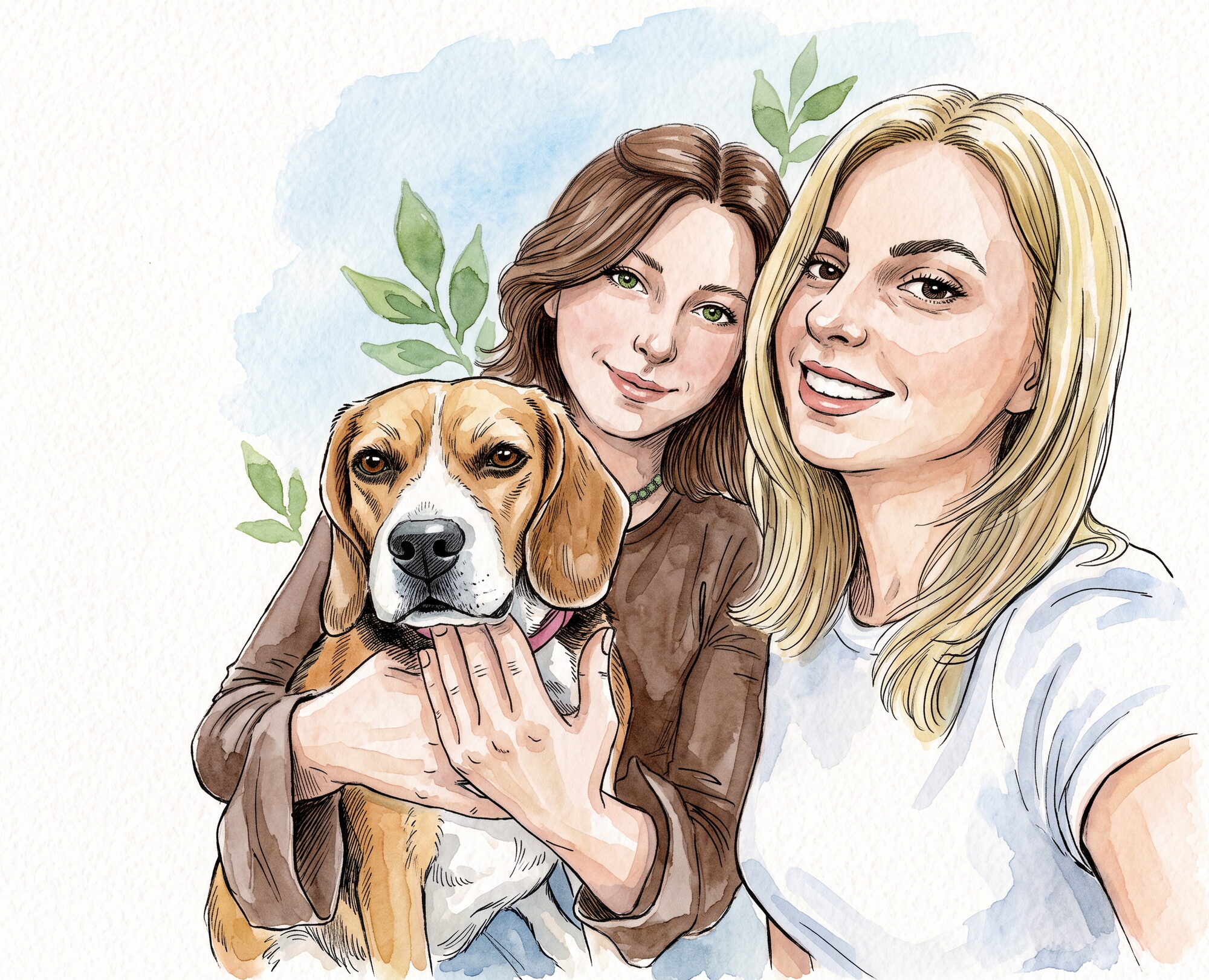 Watercolor portrait of two friends holding a beagle