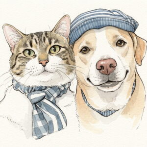 Watercolor portrait of a tabby cat in a scarf and a dog in a cap