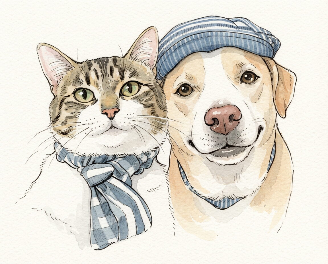 Watercolor portrait of a tabby cat in a scarf and a dog in a cap