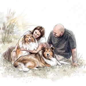 Watercolor portrait of a couple relaxing in the grass with two collies