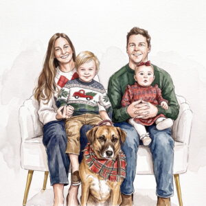 Watercolor family portrait of parents, two children and their dog
