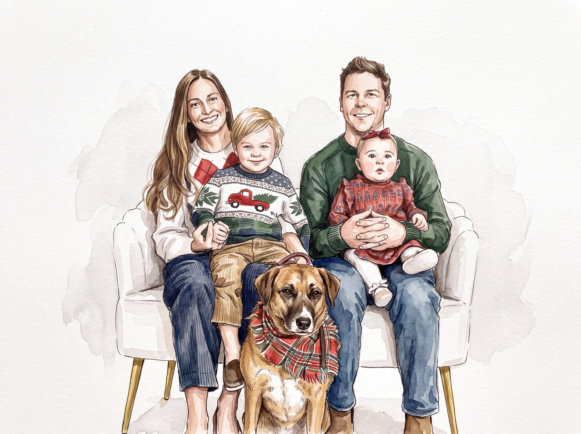 Watercolor family portrait with their dog