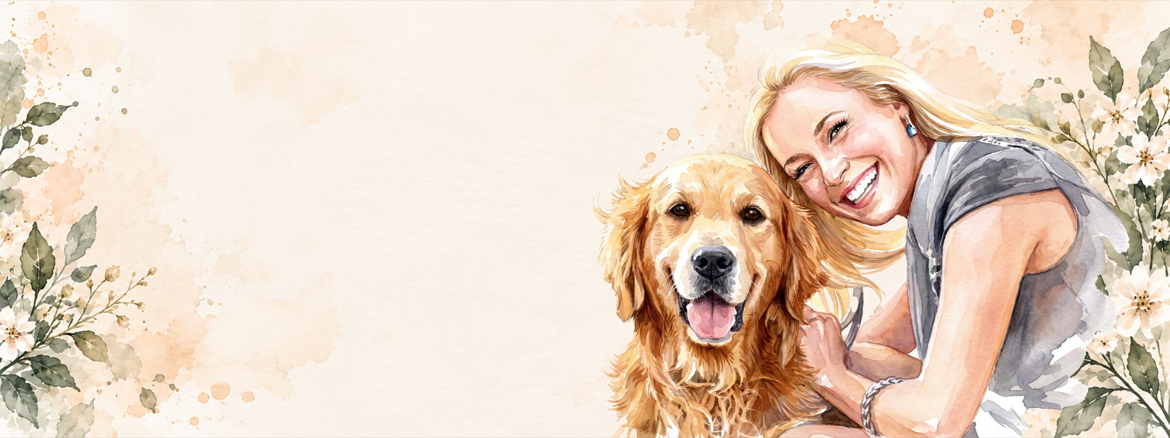 Watercolor-style portrait of a woman and her golden retriever