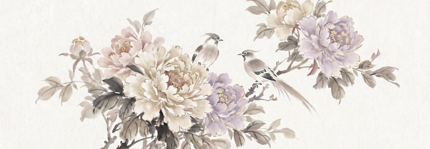 Ink-and-wash painting of peonies and two birds