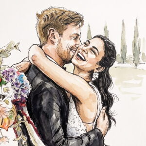 Watercolor portrait of a wedding couple embracing