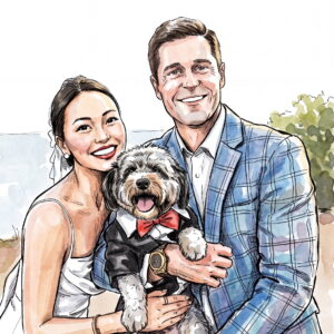 Watercolor portrait of a bride and groom holding their dog