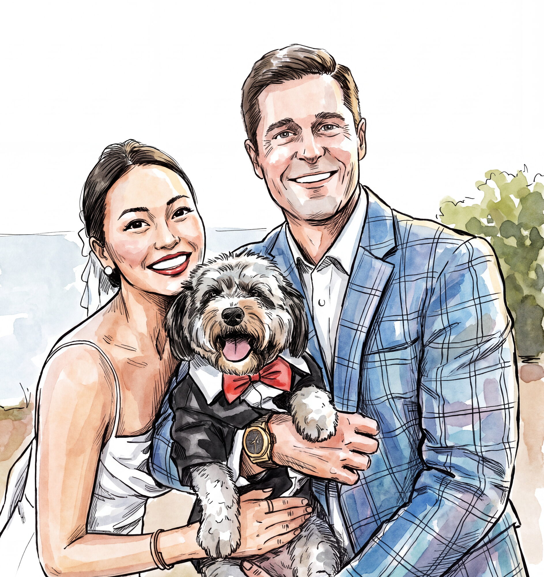 Watercolor portrait of a bride and groom holding their dog