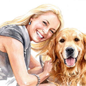 Watercolor portrait of a smiling woman hugging her golden retriever