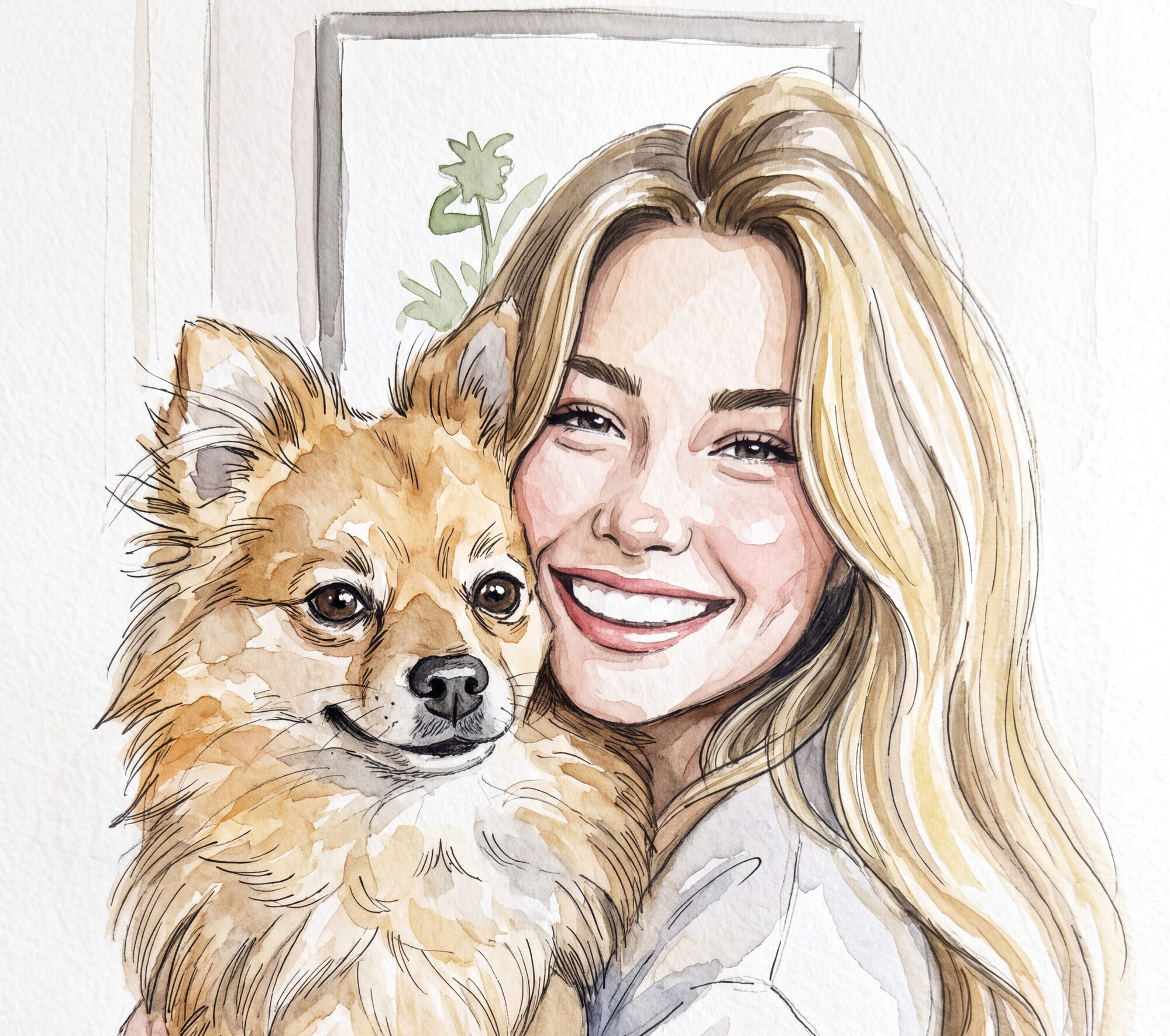 Watercolor portrait of a woman with her pomeranian